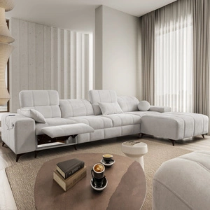 Penejos XII Lux rohová pohovka s funkcí spaní šedý jasan pravá stylová rohová pohovka s pohodlnou výsuvnou podnožkou