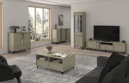 Sestava nábytku do obývacího pokoje Kioto I eukalyptus stylový design elegantní nábytek v tlumených barvách obohacený černými doplňky