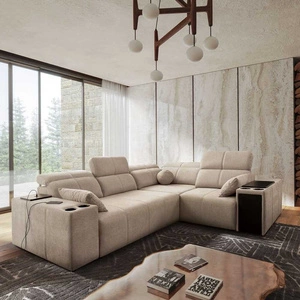 Rohová sedací souprava s funkcí spaní Tesalia II béžová pravostranná pohodlná rohová sedací souprava do obývacího pokoje s posuvným opěradlem nádoba na lůžkoviny