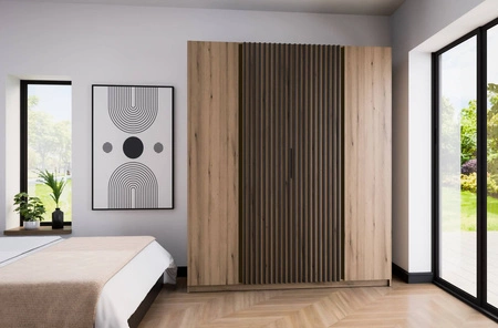 Šatní skříň Kastano XIII 200 cm dub evokuje moderní design kovové hrany úchytek dveře šatní skříně zdobené černými lamelami