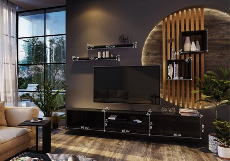 Metoni černá / lesklá černá univerzální a stylová nástěnná skříňka do obývacího pokoje minimalistický design v moderním prostředí