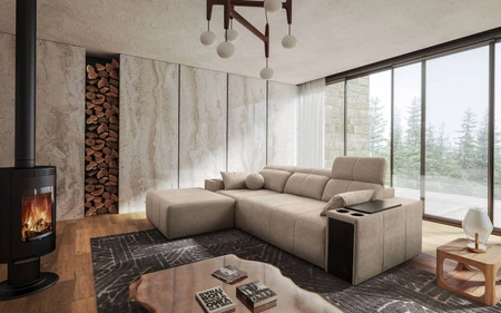 Rohová sedací souprava s funkcí spaní Tesalia béžová levá moderní design pohodlný posuvný opěrák zásuvka v boku nábytku