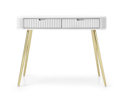 Bílá konzola Zoya se zásuvkami stylový a funkční toaletní stolek zakřivený masivní tvar rýhovaná čela zásuvek zlaté nohy