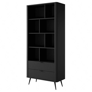 Knihovna Lante 88 cm černá elegantní knihovna se zásuvkami designové drážkování na čelech kovové hrany úchytky