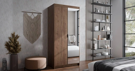 Šatní skříň Rene 90 cm dub lefkas klasický design jednoduchý tvar ideální šatní skříň se zrcadlem do ložnice nebo předsíně hrany s povrchovou úpravou ABS