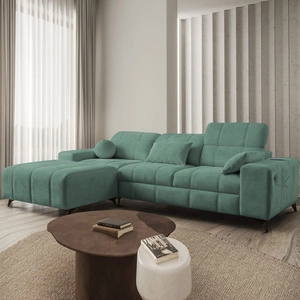 Rohová sedačka s funkcí spaní Penejos zelená levá elegantní rohová sedačka s úložným prostorem na lůžkoviny pohodlné nastavitelné opěrky hlavy