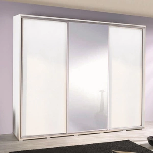 Zrcadlová posuvná šatní skříň Penelope 255 cm bílá moderní designová šatní skříň hliníková vodítka dveří a pojezdový systém