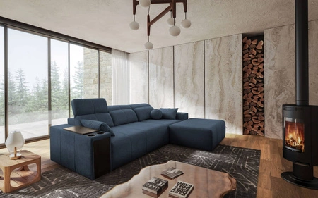 Rohová sedací souprava s funkcí spaní Tesalia modrá pravý roh moderní design pohodlný posuvný opěrák zásuvka v boku nábytku