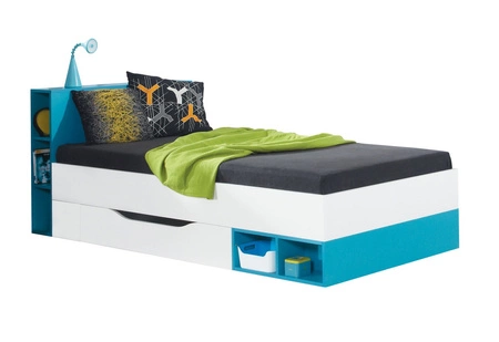 Postel se zásuvkou Mobi 90x200 cm bílá / tyrkysová ideální pro dětské a teenagerovské pokoje hrany zdobené speciální dýhou
