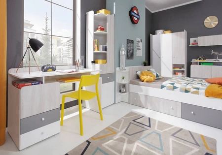 Knihovna Arona 45 cm bílá / dub wilton bílá / šedá ideální do pokoje pro mládež velmi použitelná má moderní vzhled