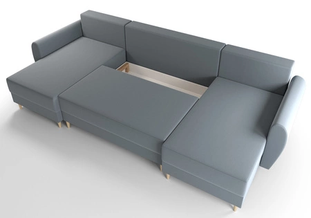 Rohová sedací souprava s funkcí spaní Rovigo U šedomodrá elegantní a pohodlná rohová sedací souprava ve skandinávském provedení s velkým prostorem na lůžkoviny