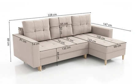 Rohová sedačka s funkcí spaní Vaso světle béžová univerzální pohodlná rohová sedačka do obývacího pokoje ve skandinávském stylu velký prostor na lůžkoviny