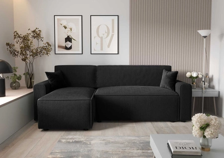 Rohová sedací souprava s funkcí spaní Brandon Bis černá levá trojrozměrná tkanina s výrazným pruhovaným kontejnerem na lůžkoviny