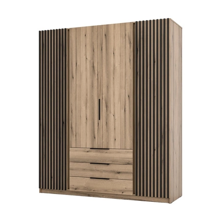 Šatní skříň Kastano IV 200 cm dub evokuje moderní design dveří šatní skříně zdobené černými lamelami kovové hrany úchytek