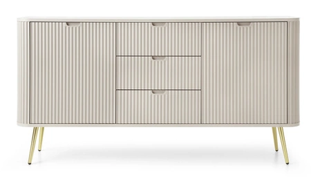 Komoda Zoya 168 cm béžová elegantní design oválný tvar na kovových zlatých nohách vkusné rýhované čelo