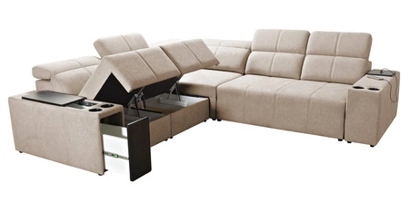 Rohová sedací souprava s funkcí spaní Tesalia III šedá levá komfortní rohová sedací souprava s posuvným opěradlem dvě nádoby na lůžkoviny