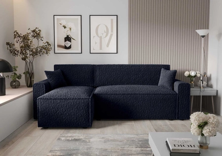 Rohová sedací souprava s funkcí spaní Brandon Bis námořnická modrá levá měkká tkanina s charakteristickou smyčkovou povrchovou nádobou na lůžkoviny
