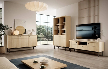 Komoda Modesta 154 cm dub linea jednoduchý design ideální komoda do obývacího pokoje nebo ložnice v japonském stylu vysoké dřevěné nohy