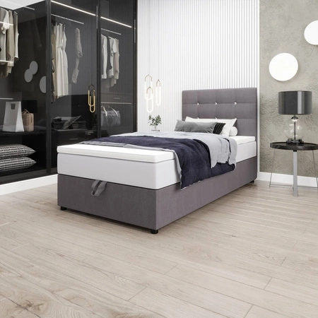 Šedá kontinentální postel Kingston 120x200 v moderním skandinávském stylu s čalouněným čelem s krystaly postel s úložným boxem