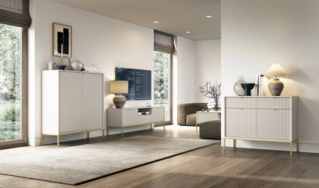 Komoda Lovro 154 cm se zásuvkami béžová moderní design potěší milovníky výrazných interiérů zlaté kovové doplňky