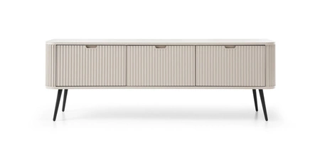 TV skříňka Zoya 168 cm béžová moderní design masivní kovové nohy drážkované čelo charakteristický oválný tvar