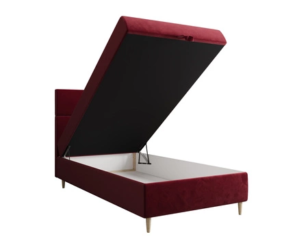 Kontinentální postel Bing 90x200 vínová v moderním skandinávském stylu s čalouněným čelem postele s úložným boxem