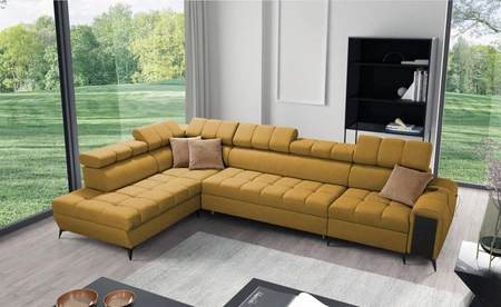 Rohová rozkládací pohovka s funkcí spaní Bolmso XI hořčice levá strana stylový design rohová rozkládací pohovka se zásuvkou a koši na lůžkoviny