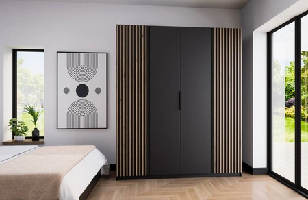 Šatní skříň Kastano XI 200 cm černá moderní designové dveře šatní skříně zdobené dubovými lamelami evokujícími stylové hrany úchytek