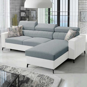 Rohová sedací souprava s funkcí spaní Savona arctic blue / white pravá elegantní rohová sedací souprava s nastavitelnými opěrkami hlavy dekorativní prošívání