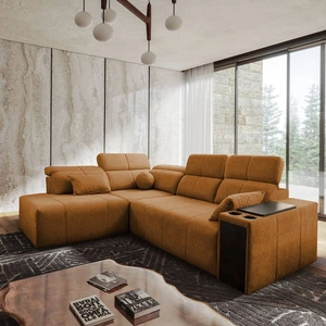 Rohová sedací souprava s funkcí spaní Tesalia VII medová levá moderní design pohodlný posuvný opěrák zásuvka v boku nábytku