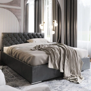 Čalouněná postel Bauru 160x200 šedá s úložným boxem v moderním skandinávském stylu s prošívanou opěrkou hlavy s krystaly