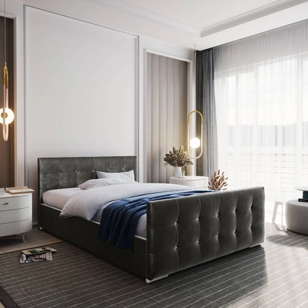 Čalouněná postel Alford 180x200 šedá s kontejnerem v moderním skandinávském stylu s prošívaným podhlavníkem a podnožkou s krystaly