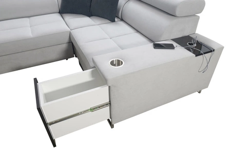 Rohová sedací souprava s funkcí spaní Dafni II grafitová pravoúhlá proplétaná rohová sedací souprava se zásuvkou na lůžkoviny v boční části nábytku