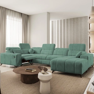 Rohová pohovka s funkcí spaní Penejos IV Lux zelená pravostranná stylová rohová pohovka s pohodlnou výsuvnou podnožkou