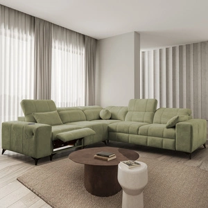 Rohová sedačka s funkcí spaní Penejos III Lux olivová levá pohodlná rohová sedačka do obývacího pokoje s výsuvnou podnožkou kontejner na ložní prádlo