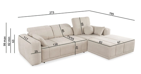 Rohová sedací souprava s funkcí spaní Cetara šedý jasan pravá strana stylový design pohodlné posuvné opěrky zad nastavitelné opěrky hlavy