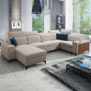 Rohová sedací souprava s funkcí spaní Kelly IV světle béžová levá sametová pohodlná rohová sedací souprava nastavitelné opěrky hlavy boční čalounění s lištami