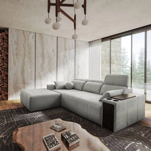 Rohová sedací souprava s funkcí spaní Tesalia šedý jasan levá moderní design pohodlný posuvný opěrák zásuvka v boku nábytku