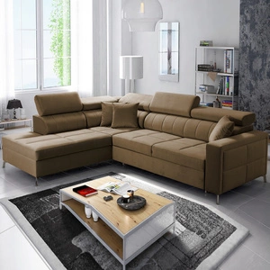 Rohová sedací souprava s funkcí spaní Nausa III světle hnědá levá sametová stylová pohodlná rohová sedací souprava nastavitelné opěrky hlavy nádoba na lůžkoviny