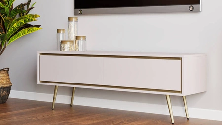 RTV skříňka Nevea 150 cm béžová elegantní skříňka v decentních barvách originální dekorace každého interiéru stabilní zlaté nohy