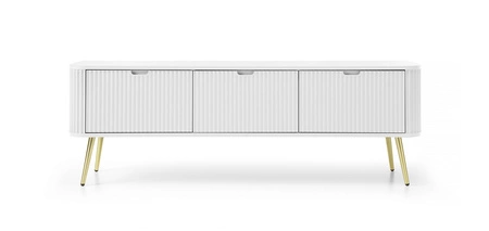 RTV skříňka Zoya 168 cm bílá moderní design masivní sestava na zlatých nohách rýhované čelo charakteristický oválný tvar