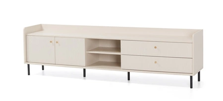 RTV skříňka Ferdi 210 cm béžová písková minimalistický design skříňky se zásuvkami elegantní zlaté úchytky a vysoké horní ráfky