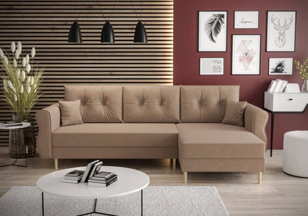 Rohová pohovka s funkcí spaní Wilkins světle hnědá pravá strana stylový a moderní design, který se hodí do každého interiéru