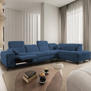 Rohová sedací souprava s funkcí spaní Penejos XI Lux modrá pravostranná stylová rohová sedací souprava s pohodlným výsuvným podnožníkem