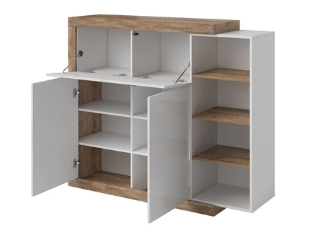 Vysoká komoda Sintra 151 cm dub samdal / bílý lesk originální designová komoda do obývacího pokoje se zajímavým tvarem a systémem push to open