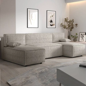 Rohová sedací souprava s funkcí spaní Brandon U krémový lněný kontejner měkká tkanina s výrazným smyčkovým povrchem