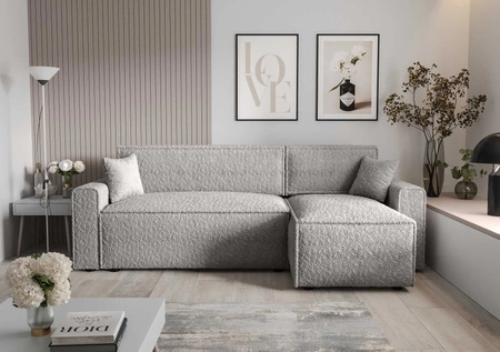 Rohová sedací souprava s funkcí spaní Brandon Bis šedý jasan pravá strana měkká látka s charakteristickou smyčkovou povrchovou nádobou na lůžkoviny