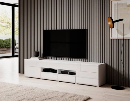 RTV skříňka Toledo 208 cm bílá / bílý lesk Moderní TV skříňka ve skandinávském stylu s funkcí plného výsuvu zásuvek
