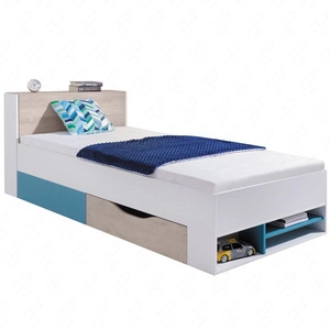 Postel se zásuvkou Niko 90x200 cm bílá / dub / mořská moderní designová postel výsuvné police v čele postele