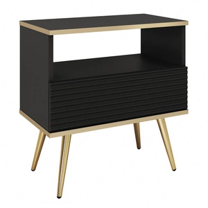 Luxusní noční stolek se zásuvkou černý elegantní design skříňka doplněná zlatým lemováním skříňka s rýhovaným čelem zlaté vysoké nohy